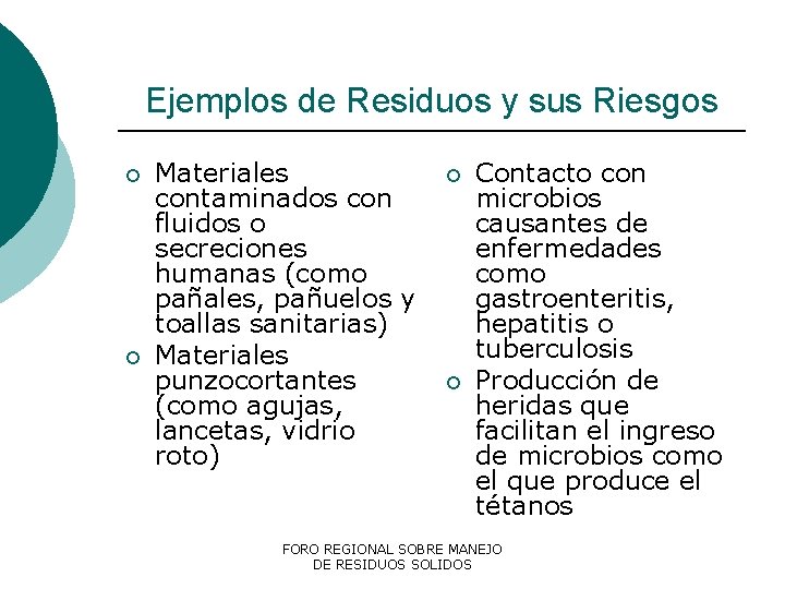 Ejemplos de Residuos y sus Riesgos ¡ ¡ Materiales contaminados con fluidos o secreciones