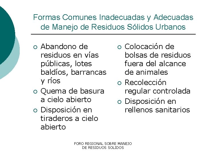 Formas Comunes Inadecuadas y Adecuadas de Manejo de Residuos Sólidos Urbanos ¡ ¡ ¡