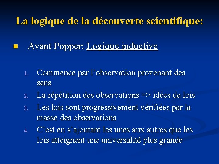 La logique de la découverte scientifique: n Avant Popper: Logique inductive 1. 2. 3.
