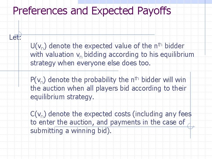 Preferences and Expected Payoffs Let: U(vn) denote the expected value of the nth bidder