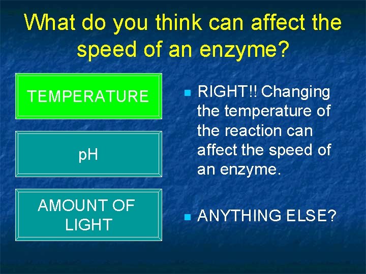 What do you think can affect the speed of an enzyme? TEMPERATURE n RIGHT!!