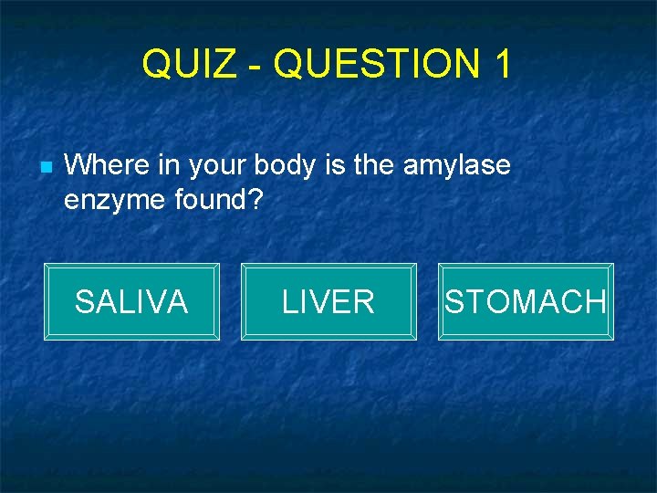 QUIZ - QUESTION 1 n Where in your body is the amylase enzyme found?