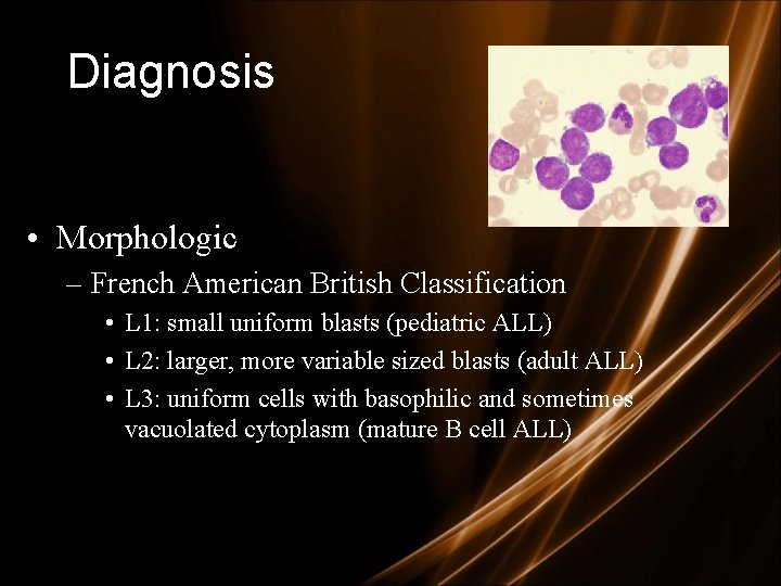 Diagnosis • Morphologic – French American British Classification • L 1: small uniform blasts
