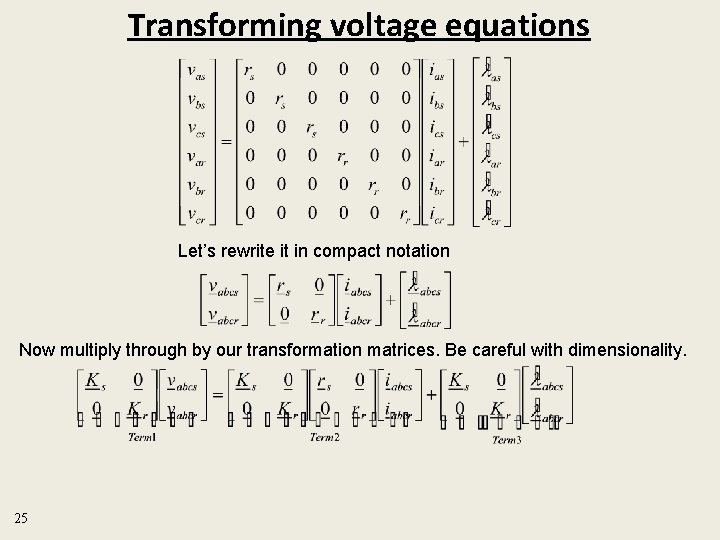 Transforming voltage equations Let’s rewrite it in compact notation Now multiply through by our
