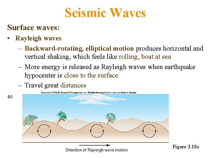 Seismic Waves Surface waves: • Rayleigh waves – Backward-rotating, elliptical motion produces horizontal and