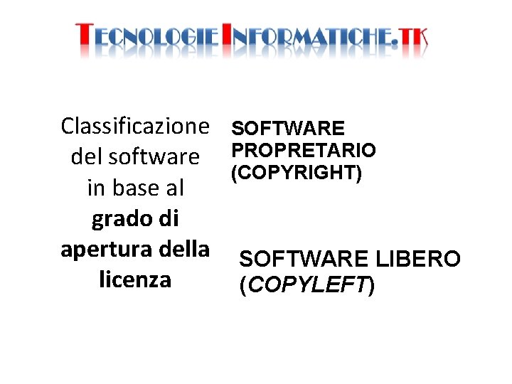 Classificazione SOFTWARE del software PROPRETARIO (COPYRIGHT) in base al grado di apertura della SOFTWARE