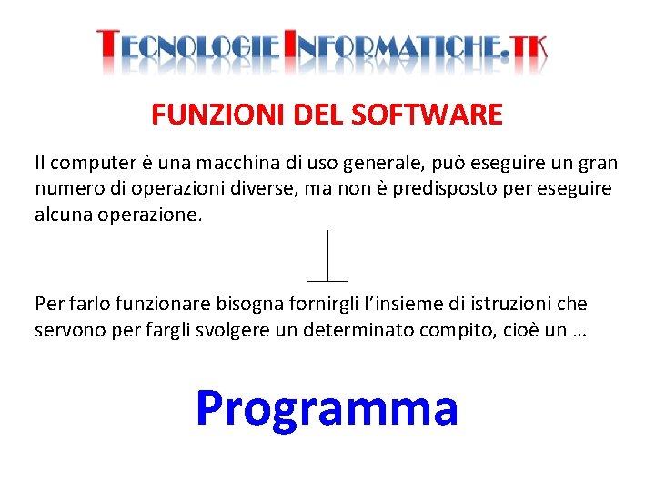 FUNZIONI DEL SOFTWARE Il computer è una macchina di uso generale, può eseguire un