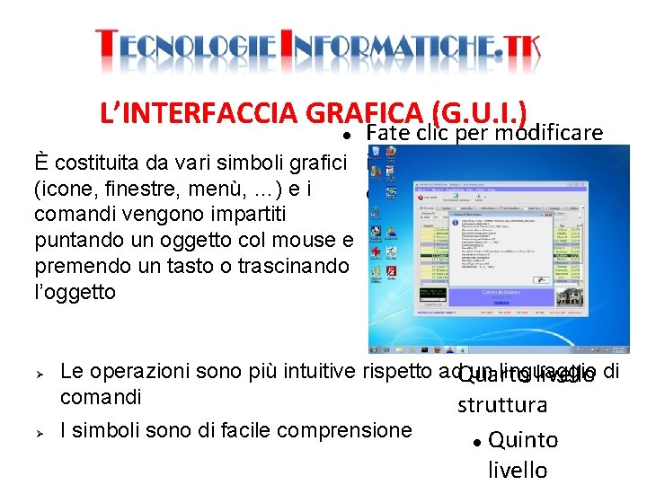 L’INTERFACCIA GRAFICA (G. U. I. ) Fate clic per modificare È costituita da vari