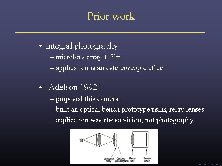 Prior work • integral photography – microlens array + film – application is autostereoscopic Prior work • integral photography – microlens array + film – application is autostereoscopic