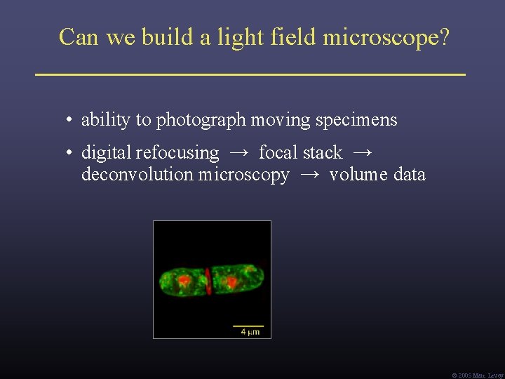 Can we build a light field microscope? • ability to photograph moving specimens • Can we build a light field microscope? • ability to photograph moving specimens •