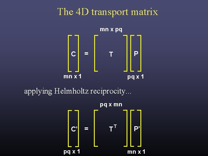 The 4 D transport matrix mn x pq C = P T mn x The 4 D transport matrix mn x pq C = P T mn x