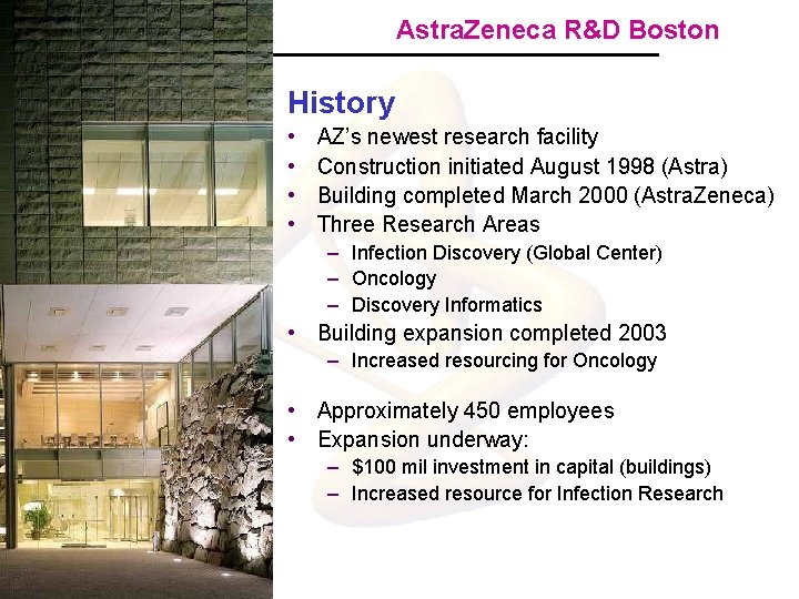 Astra. Zeneca R&D Boston History • • AZ’s newest research facility Construction initiated August