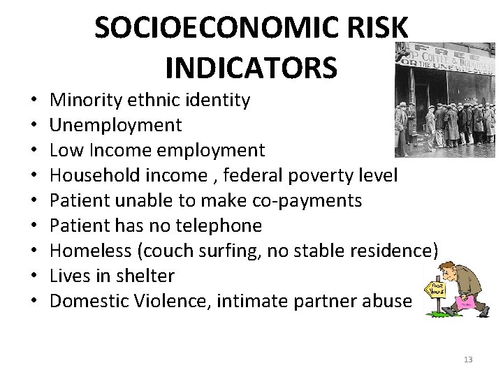 SOCIOECONOMIC RISK INDICATORS • • • Minority ethnic identity Unemployment Low Income employment Household
