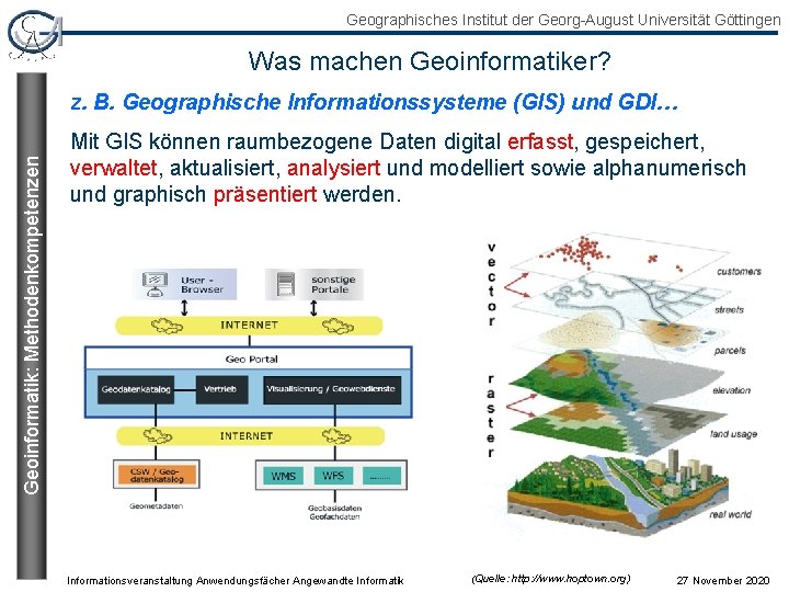 Geographisches Institut der Georg-August Universität Göttingen Was machen Geoinformatiker? Geoinformatik: Methodenkompetenzen z. B. Geographische