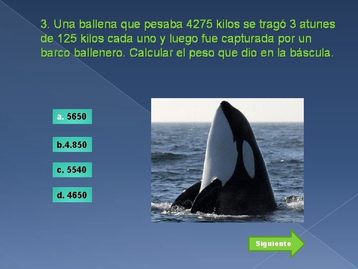 3. Una ballena que pesaba 4275 kilos se tragó 3 atunes de 125 kilos