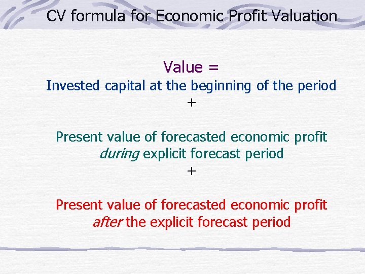 CV formula for Economic Profit Valuation Value = Invested capital at the beginning of