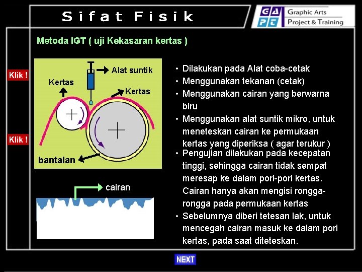 Metoda IGT ( uji Kekasaran kertas ) Alat suntik Kertas bantalan cairan • Dilakukan