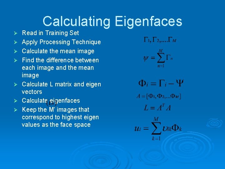 Calculating Eigenfaces Ø Ø Ø Ø Read in Training Set Apply Processing Technique Calculate