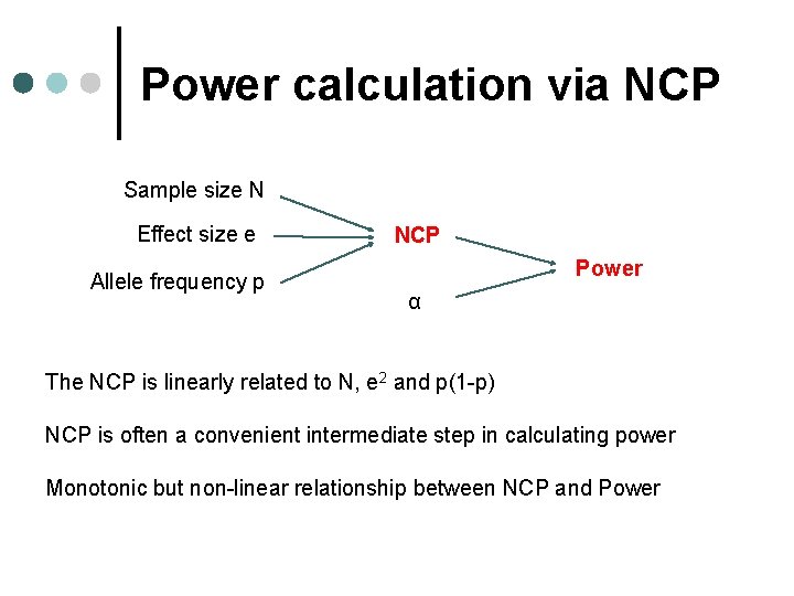 Power calculation via NCP Sample size N Effect size e Allele frequency p NCP