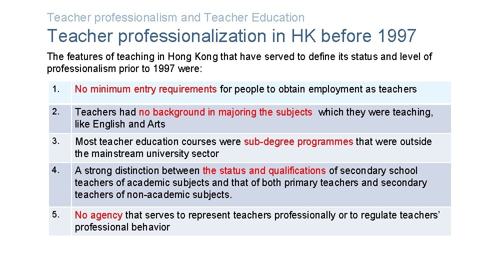 Teacher professionalism and Teacher Education Teacher professionalization in HK before 1997 The features of