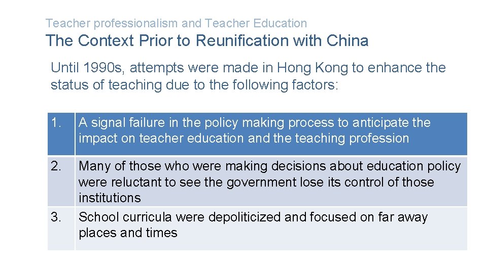 Teacher professionalism and Teacher Education The Context Prior to Reunification with China Until 1990