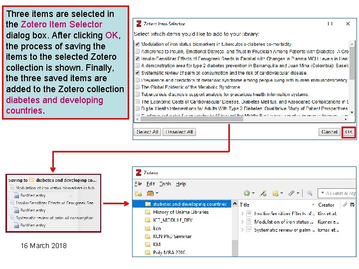 Three items are selected in the Zotero Item Selector dialog box. After clicking OK,