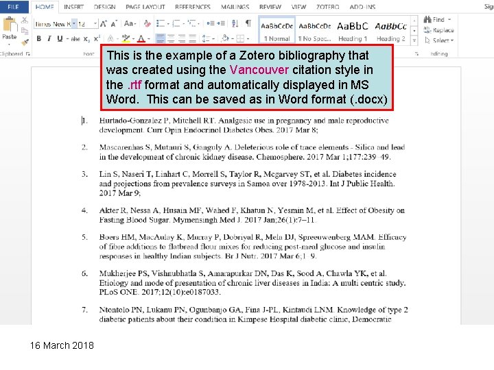 This is the example of a Zotero bibliography that was created using the Vancouver