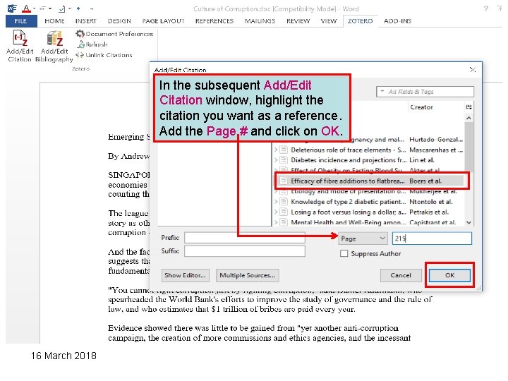 In the subsequent Add/Edit Citation window, highlight the citation you want as a reference.
