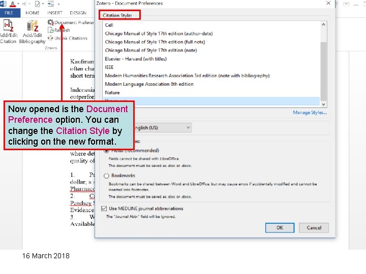 Now opened is the Document Preference option. You can change the Citation Style by