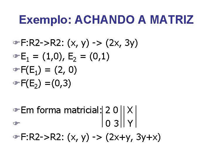 Exemplo: ACHANDO A MATRIZ FF: R 2 ->R 2: (x, y) -> (2 x,