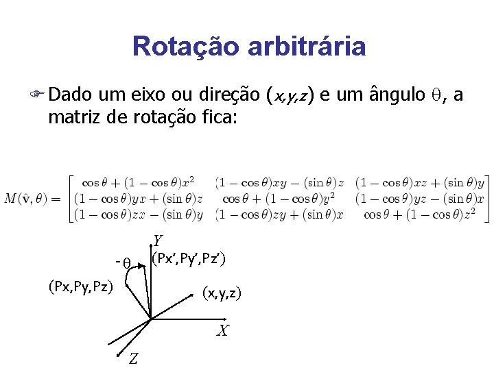 Rotação arbitrária F Dado um eixo ou direção (x, y, z) e um ângulo