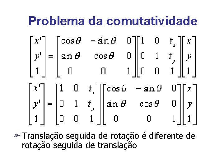 Problema da comutatividade F Translação seguida de rotação é diferente de rotação seguida de