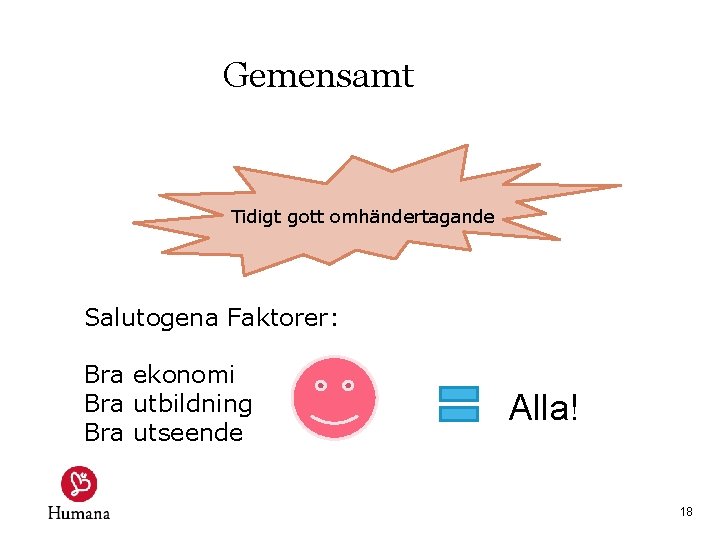 Gemensamt Tidigt gott omhändertagande Salutogena Faktorer: Bra ekonomi Bra utbildning Bra utseende Alla! 18