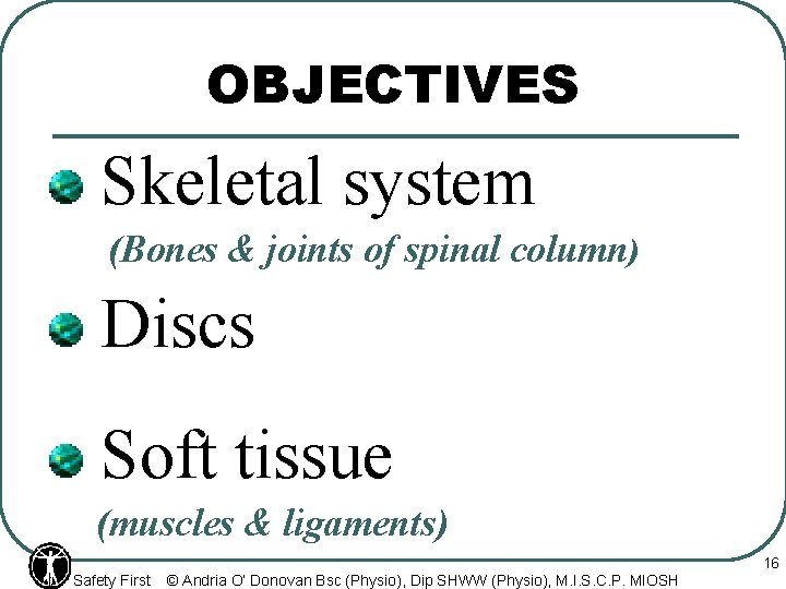 OBJECTIVES Skeletal system (Bones & joints of spinal column) Discs Soft tissue (muscles &