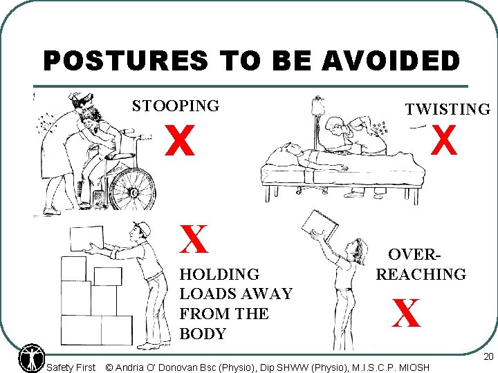 POSTURES TO BE AVOIDED STOOPING X X HOLDING LOADS AWAY FROM THE BODY Safety