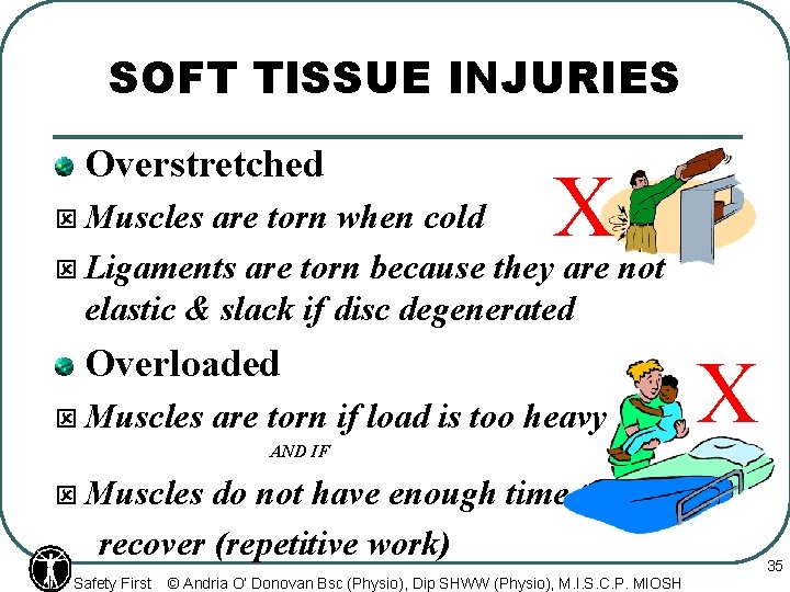 SOFT TISSUE INJURIES Overstretched ý Muscles X are torn when cold ý Ligaments are