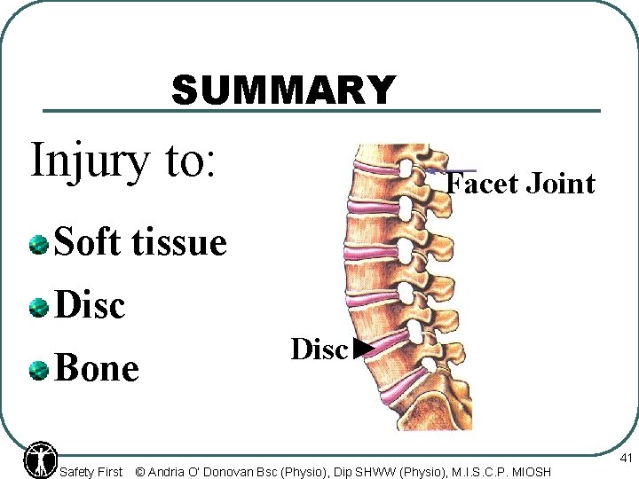 SUMMARY Injury to: Facet Joint Soft tissue Disc Bone Safety First Disc► © Andria
