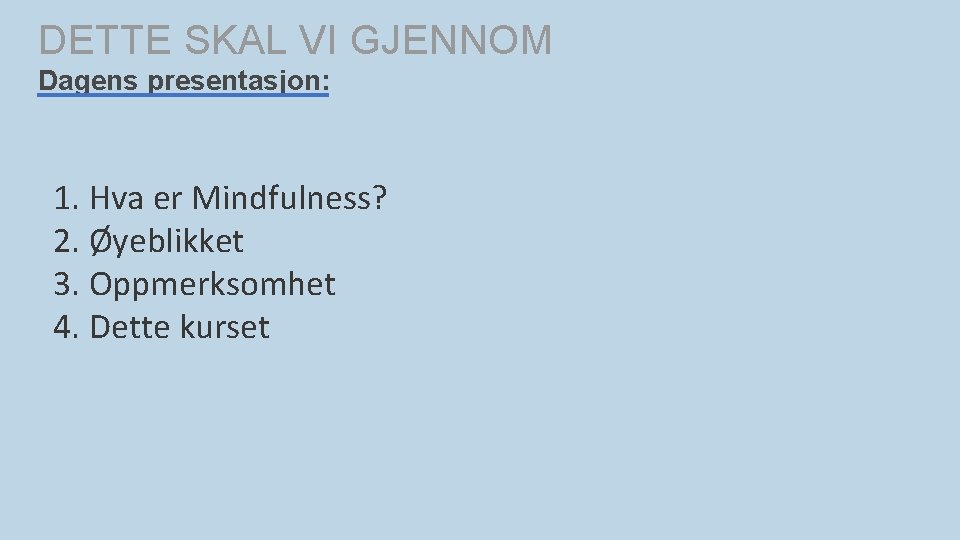 DETTE SKAL VI GJENNOM Dagens presentasjon: 1. Hva er Mindfulness? 2. Øyeblikket 3. Oppmerksomhet