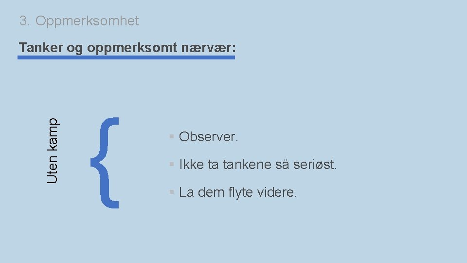 3. Oppmerksomhet Uten kamp Tanker og oppmerksomt nærvær: { § Observer. § Ikke ta