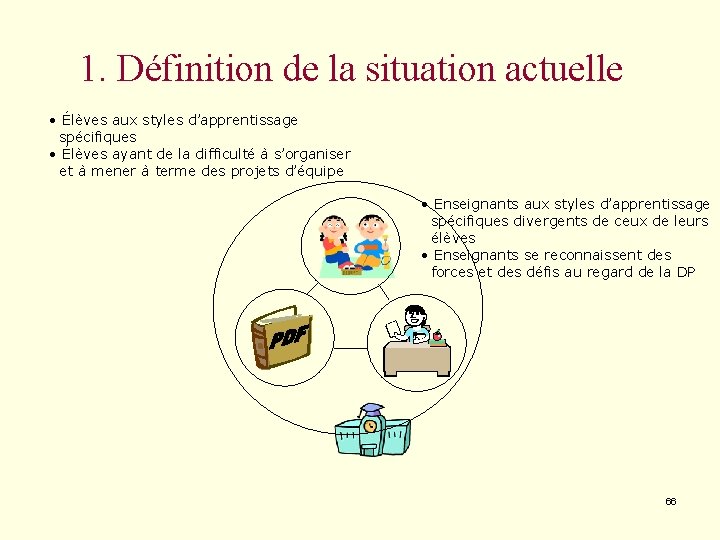 1. Définition de la situation actuelle • Élèves aux styles d’apprentissage spécifiques • Élèves