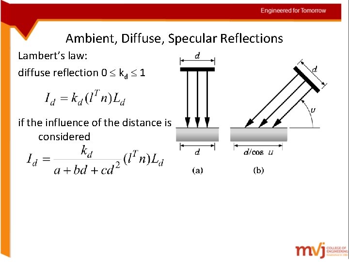 Ambient, Diffuse, Specular Reflections Lambert’s law: diffuse reflection 0 kd 1 if the influence