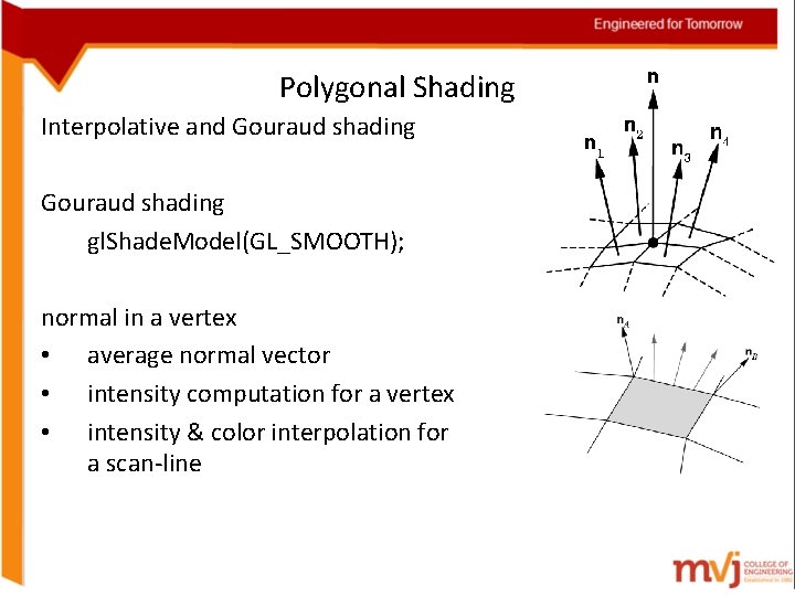 Polygonal Shading Interpolative and Gouraud shading gl. Shade. Model(GL_SMOOTH); normal in a vertex •