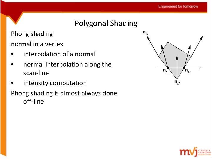 Polygonal Shading Phong shading normal in a vertex • interpolation of a normal •