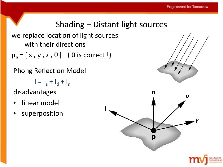 Shading – Distant light sources we replace location of light sources with their directions