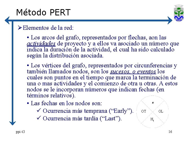 Método PERT ØElementos de la red: • Los arcos del grafo, representados por flechas,