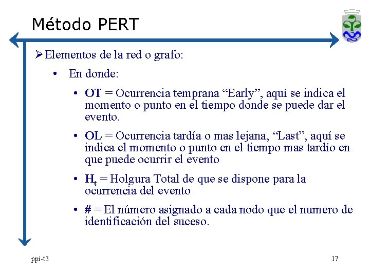 Método PERT ØElementos de la red o grafo: • En donde: • OT =