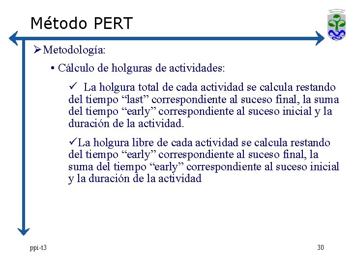 Método PERT ØMetodología: • Cálculo de holguras de actividades: ü La holgura total de