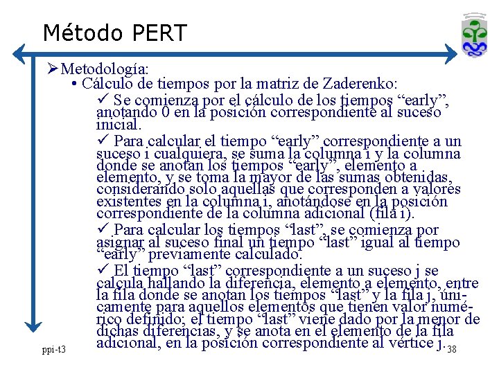 Método PERT ØMetodología: • Cálculo de tiempos por la matriz de Zaderenko: ü Se