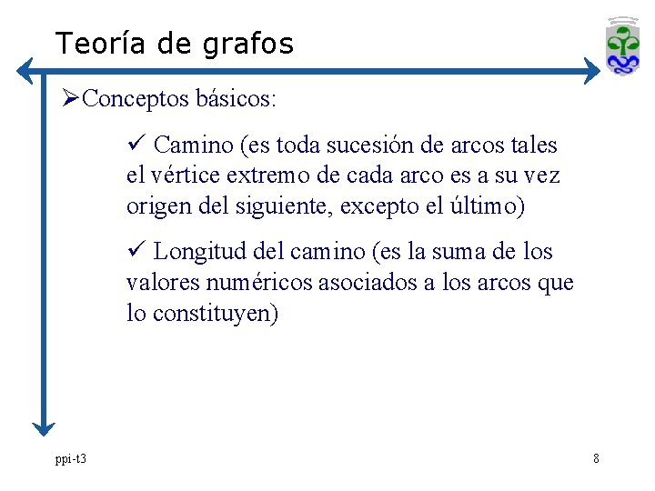 Teoría de grafos ØConceptos básicos: ü Camino (es toda sucesión de arcos tales el