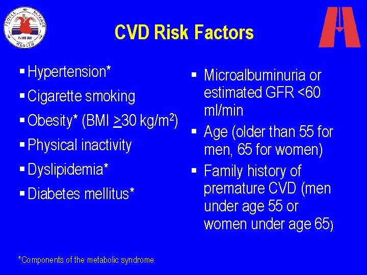 CVD Risk Factors § Hypertension* § Microalbuminuria or estimated GFR <60 § Cigarette smoking